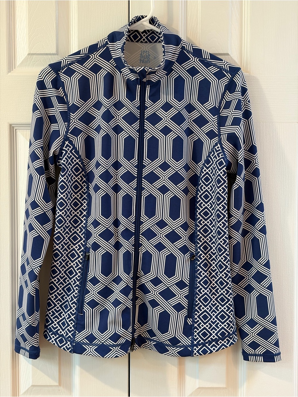 J. McLaughlin Blue and White Billie Zip Up Mock Neck Fitted Jacket Size S
